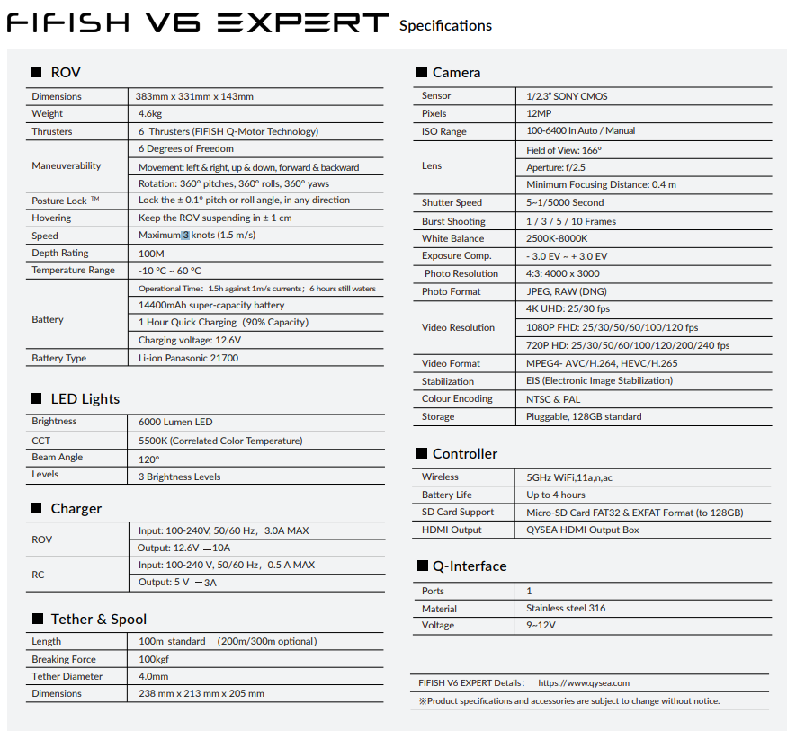 Specifications - Fifish V6 Expert