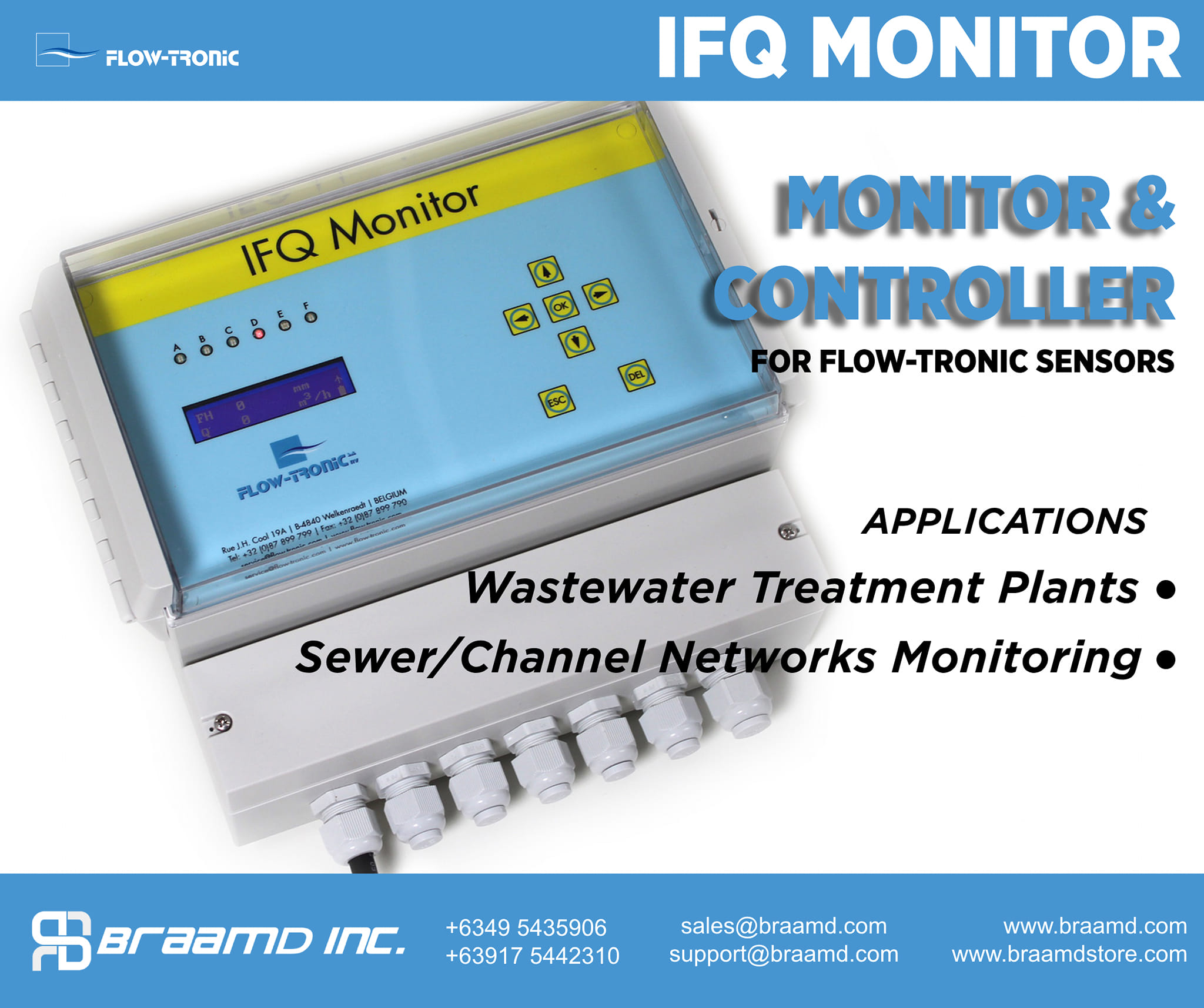 IFQ MONITOR - A User-friendly Monitor and Converter for RAVEN-EYE, PHOENIX, BELUGA Flow Sensors The IFQ MONITOR is an easy to use and easy to configure monitor and converter for Flow-Tronic flow sensors. It disposes of one RS485 digital serial communication port with specific protocols for RAVEN-EYE or BELUGA flow sensors and one 4 ... 20 mA input for external level. This IFQ MONITOR is the easiest way to integrate an open channel flow sensor from Flow-Tronic to a local station. Contact us to request for an actual demo of this IFQ Monitor, we have a working demo in our HQ.