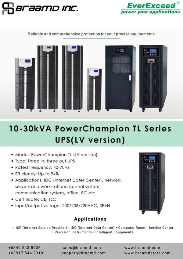 𝐄𝐯𝐞𝐫𝐄𝐱𝐜𝐞𝐞𝐝 𝟏𝟎-𝟑𝟎𝐤𝐕𝐀 𝐏𝐨𝐰𝐞𝐫𝐂𝐡𝐚𝐦𝐩𝐢𝐨𝐧 𝐓𝐋 𝐒𝐞𝐫𝐢𝐞𝐬 𝐔𝐏𝐒 (𝐋𝐕 𝐯𝐞𝐫𝐬𝐢𝐨𝐧) The EverExceed PowerChampion TL Series is a three-phase UPS system engineered to deliver exceptional performance and reliability. Equipped with three high-speed DSPs and complete digital control, it ensures a high-quality power supply with a high input power factor and minimal input current distortion. The design emphasizes user convenience, offering full front access for easy maintenance and a user-friendly interface. If you are interested in our products and want to know more details, please contact us at sales@braamd.com or support@braamd.com.