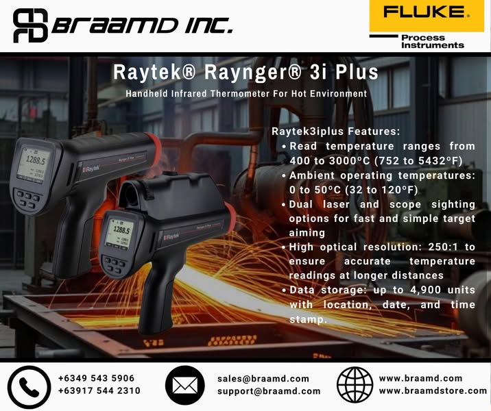 𝐒𝐭𝐚𝐲 𝐂𝐨𝐨𝐥 𝐔𝐧𝐝𝐞𝐫 𝐏𝐫𝐞𝐬𝐬𝐮𝐫𝐞 𝐰𝐢𝐭𝐡 𝐑𝐚𝐲𝐭𝐞𝐤® 𝐑𝐚𝐲𝐧𝐠𝐞𝐫® 𝟑𝐢 𝐏𝐥𝐮𝐬! Maximize operator safety and efficiency in the toughest high-temp environment. The Raytek® Raynger® 3i Plus gives you precise, heat-resistant measurements from 400–3000°C (752–5432°F) without the hassle. 𝐑𝐞𝐝 𝐍𝐨𝐬𝐞 𝐇𝐞𝐚𝐭 𝐖𝐚𝐫𝐧𝐢𝐧𝐠 – Alerts when it’s too hot to handle! 𝐈𝐧𝐬𝐭𝐚𝐧𝐭 𝐃𝐚𝐭𝐚 𝐓𝐫𝐚𝐧𝐬𝐟𝐞𝐫 - via USB or Bluetooth® to your phone or PC 𝐋𝐨𝐧𝐠-𝐃𝐢𝐬𝐭𝐚𝐧𝐜𝐞 𝐀𝐜𝐜𝐮𝐫𝐚𝐜𝐲 - 250:1 optical resolution for perfect readings 𝐑𝐮𝐠𝐠𝐞𝐝 & 𝐃𝐫𝐨𝐩-𝐏𝐫𝐨𝐨𝐟 – Survives 1m (3.2ft) drops 𝐃𝐮𝐚𝐥 𝐋𝐚𝐬𝐞𝐫 & 𝐑𝐞𝐝 𝐃𝐨𝐭 𝐒𝐢𝐠𝐡𝐭𝐢𝐧𝐠 – Perfect for those "red hot" targets 𝐒𝐭𝐨𝐫𝐞 𝐔𝐩 𝐭𝐨 𝟒,𝟗𝟎𝟎 𝐃𝐚𝐭𝐚 𝐏𝐨𝐢𝐧𝐭𝐬 – Keep your measurements organized. Ideal for metal refining, ceramics, chemical plants, and more. The Raynger® 3i Plus is built for the high heat and high demands of your industry. Learn more today about Fluke Process Instruments! Contact us at sales@braamd.com or support@braamd.com.