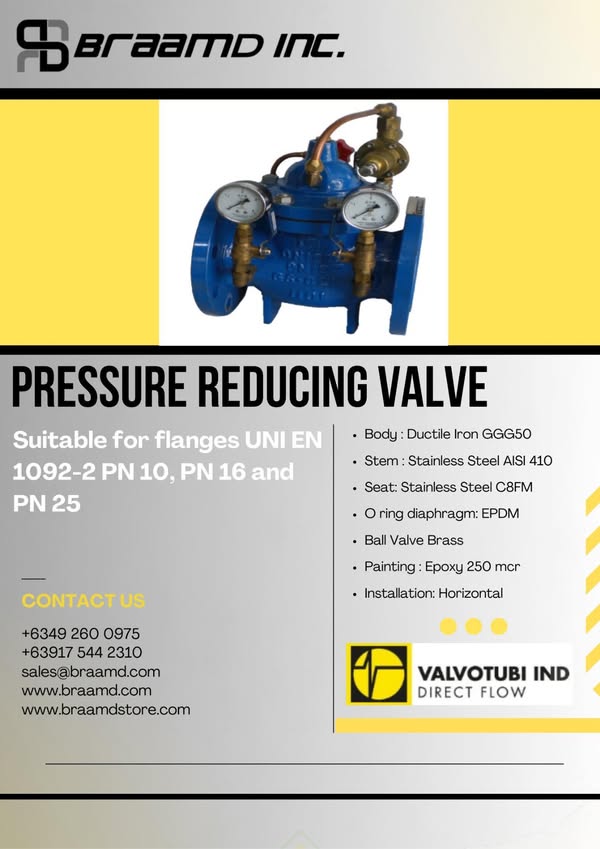 𝐕𝐚𝐥𝐯𝐨𝐭𝐮𝐛𝐢 𝐏𝐫𝐞𝐬𝐬𝐮𝐫𝐞 𝐑𝐞𝐝𝐮𝐜𝐢𝐧𝐠 𝐕𝐚𝐥𝐯𝐞 The pressure-reducing valve reduces and stabilizes outlet pressure, regardless of water demand or fluctuations in inlet pressure. It operates using the self-energy of the medium to regulate pipeline pressure through the pilot valve. This pressure-reducing valve offers high accuracy in pressure control, is easy to install, service, and maintain. Message us for your valve needs at support@braamd.com or sales@braamd.com.
