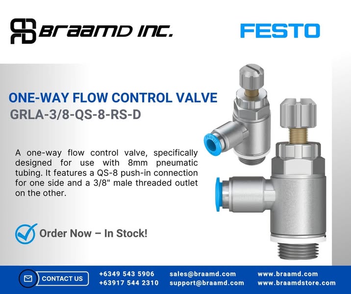 𝐅𝐄𝐒𝐓𝐎 𝐆𝐑𝐋𝐀-𝟑/𝟖-𝐐𝐒-𝟖-𝐑𝐒-𝐃 The Festo GRLA-3/8-QS-8-RS-D is a one-way flow control valve designed to regulate the speed of pneumatic drivers, specifically for exhaust air. It combines a one-way flow control function with a piloted check valve, offering a versatile solution for controlling pneumatic flow. 𝐅𝐞𝐚𝐭𝐮𝐫𝐞𝐬: ✅QS push-in fitting - for easy and quick installation ✅ Metal body and captive seals - for robust and reliable performance Don't settle for less—choose Festo and experience automation like never before! Contact us at support@braamd.com or sales@braamd.com to find out more.