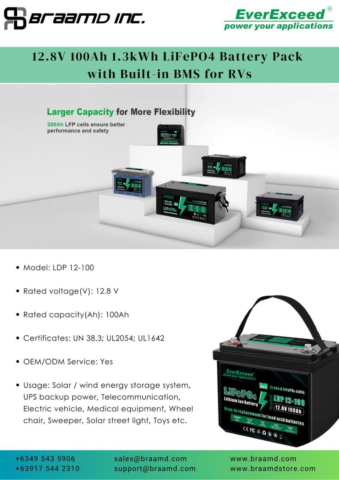 EverExceed 12.8V 100Ah 1.3kWh LiFePO4 Battery Pack with Built-in BMS for Recreational Vehicles