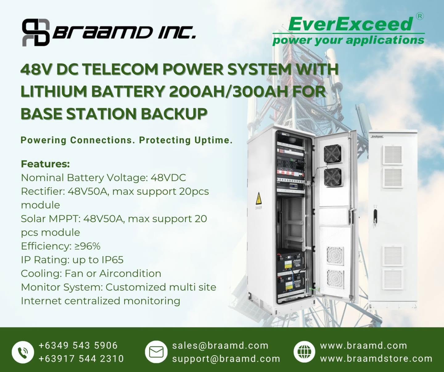 EverExceed 48V DC Telecom Power System with Lithium Battery 200AH_300AH for Base Station Backup